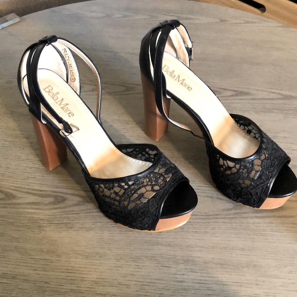 Belle Marie Black Lace Platform Chunky Heels Size 9